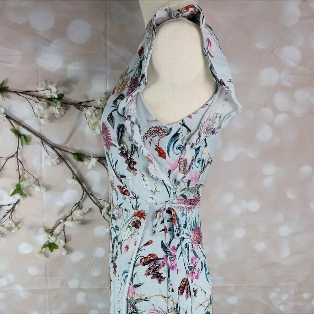 WILLOW & CLAY Blue Granny Floral Print Wrap Midi Dress Ruffle Sleeve Boho Chic